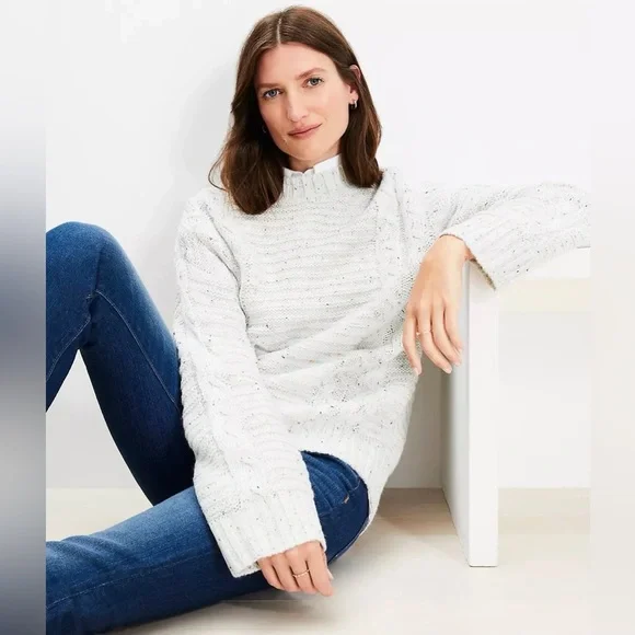 EUC LOFT Flecked Cable Linked Mock Neck Tunic Sweater - Ivory Multi - Picture 1 of 7